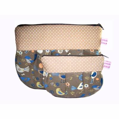 Plissé Kosmetiktasche Schminktäschchen Vogelparadies braun beige Kulturtasche Kulturbeutel / als Set oder einzeln / Vögel Blumen / Geschenk für Sie