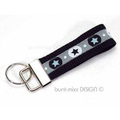 Schlüsselanhänger, lanyard, keyholder,key ring, Sterne, stars grau schwarz weiß, Schlüsselband kurz, by BuntMixxDESIGN