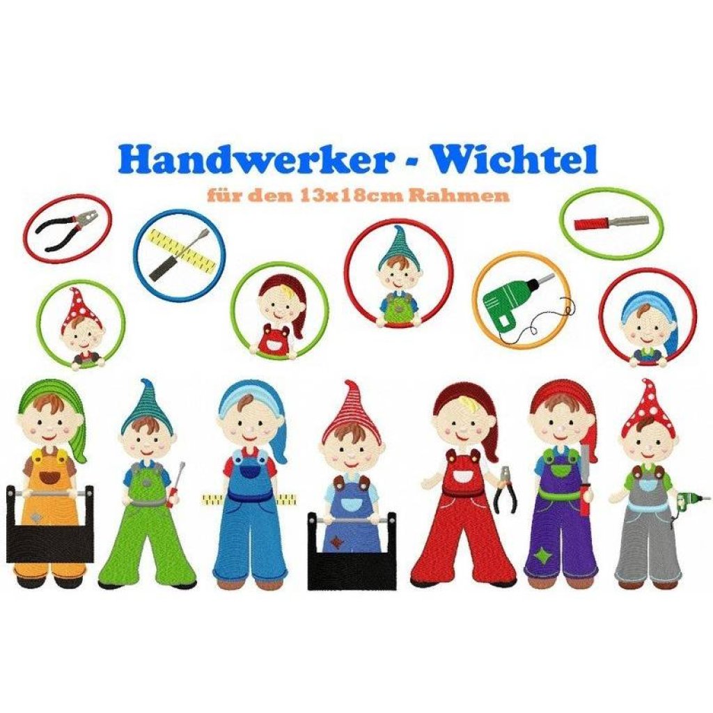 Stickdatei Wichtel,digitale Datei,Stickdatei Handwerker-Wichtel 13x18 Bild 1