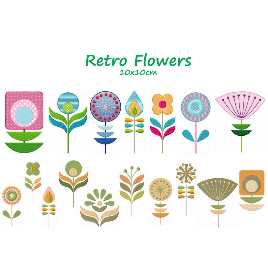 Stickdatei, digitale Stickdatei,Stickdateien Retro Flowers 10x10cm Bild 1