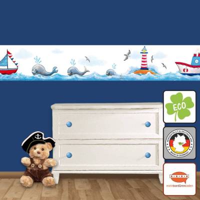 ECO Kinderbordüre: Wale - Leuchtturm - Segelboot - 20 cm Höhe