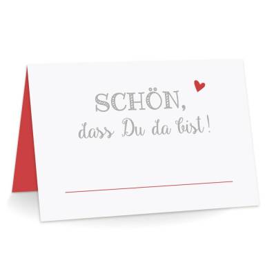 Premium Tischkarten Schön dass Du da Bist mit Herz in rot - Platzkarten zum selbst Beschriften - Namenskarten Hochzeit, Geburtstag, Konfirmation, Kommunion
