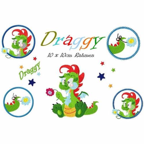 Stickdatei Drache Draggy 10x10cm Rahmen