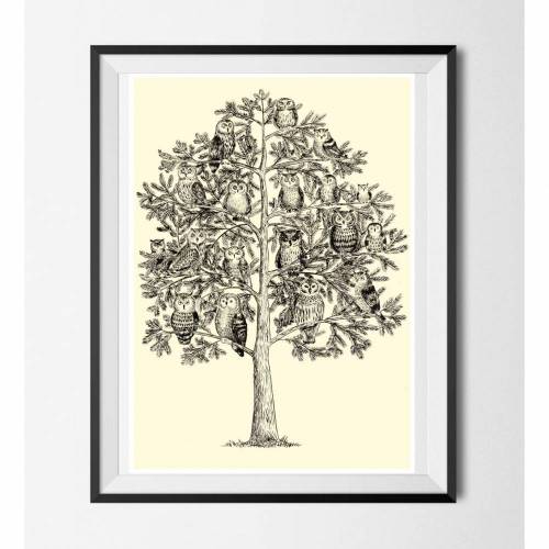 Eulen Poster ☆ Eulen Baum Bild, Digitaldruck A4, 300 g/m2