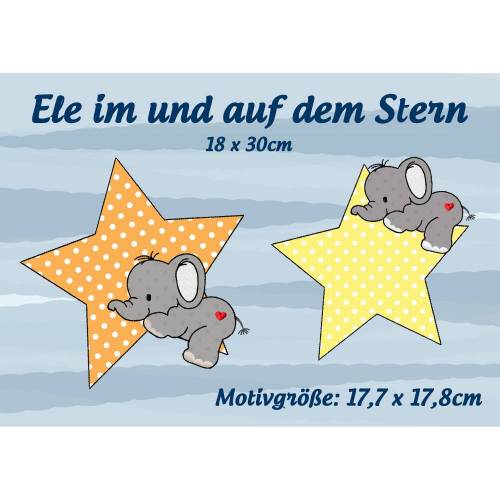 Digitales Stickmuster ,Stickdatei Doodle Ele auf und im Stern 18x30cm