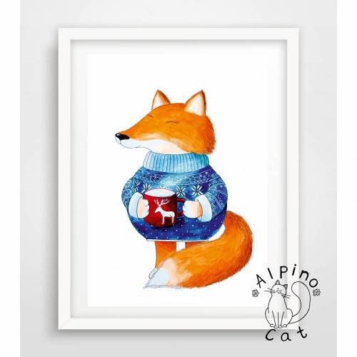 Fuchs Poster, Fuchs mit einer Tasse Tee, kleiner Fuchs Bild, Digitaldruck A4, 300g/m2