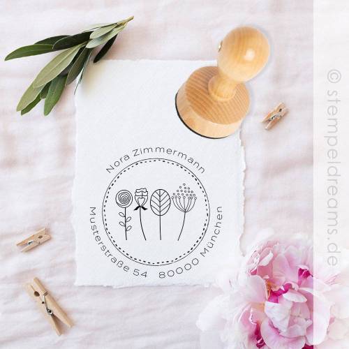 Adressstempel | Namenstempel | Familienstempel |- Holzstempel personalisiert - minimalistische Blüten - Motiv: 434