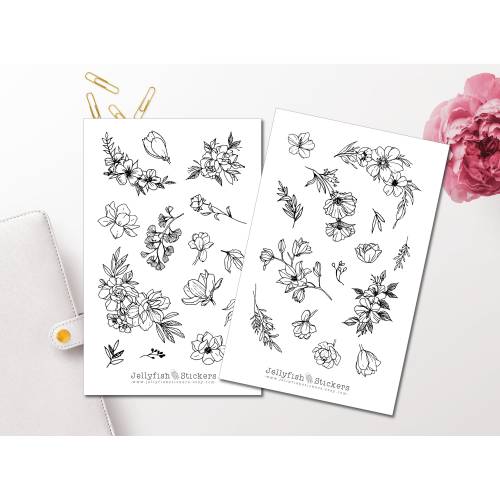 Blumen schwarz weiß Sticker Set | Florale Aufkleber | Journal Sticker | Garten Sticker | Planer Sticker | Sticker Floral