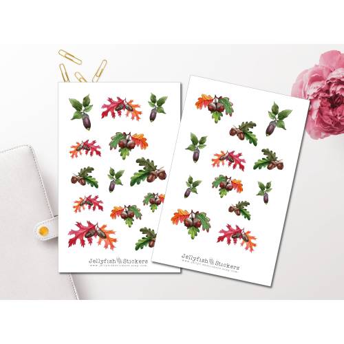 Eicheln und Eichenblätter Sticker Set | Aufkleber Wald | Journal Sticker | Planer Sticker, Eiche, Eichel, Natur, Blatt, 