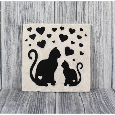 Marmorfliese „Katzen & Herzen“ Spruch für Katzenmama, Katzenliebe & Humor