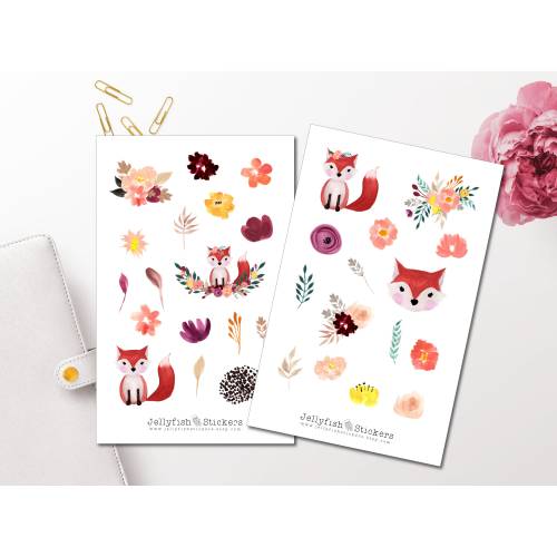 Fuchs Sticker Set | Süße Aufkleber | Journal Sticker | Tiere Sticker | Planer Sticker | Sticker Blumen, floral, Bullet J