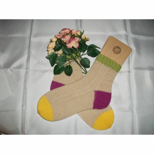 Handgestrickte Socken Gr.36/37 – Beige & Bunt, Minizopfmuster, Schurwolle, Unikat