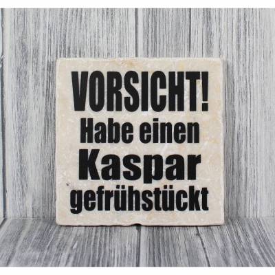 Dekofliese #  'Vorsicht! Habe einen Kaspar gefrühstückt'  Vintage Look 10x10cm Cool Statement Spruch Geschenkide