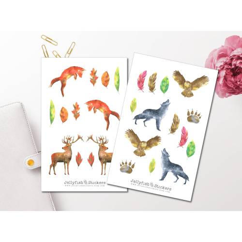 Watercolor Waldtiere Sticker Set - Aufkleber Bunt, Journal Sticker, Sticker Tiere, Sticker Aquarell, Sticker Wald, Papie