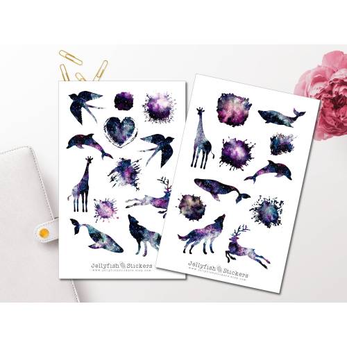 Tiere Silhouetten Galaxie Sticker Set | Aufkleber Tiere | Journal Sticker | Tiere Sticker | Planer Sticker | Weltraum, W
