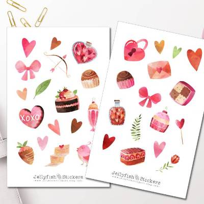 Valentinstag Sticker Set | Aufkleber Bullet Journal | Journal Sticker | Planer Sticker, Sticker Liebe, Sticker Essen, St