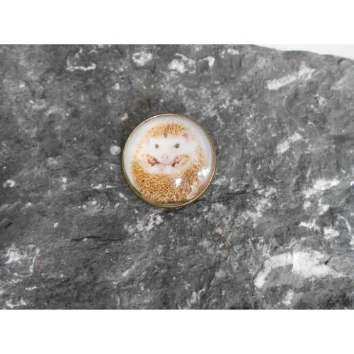 Igel Bronze   Brosche 25 mm  rund mit Glascabochon