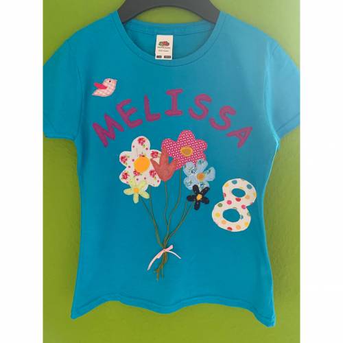 Geburtstagsshirt namensshirt T-Shirt Applikation BLUMENSTRAUß Zahl & Namen ab Gr.92