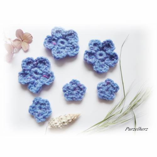 6-teiliges Häkelset: Häkelblumen,Häkelapplikation,Aufnäher,Gastgeschenk,Baddeko,Tischdeko,blau