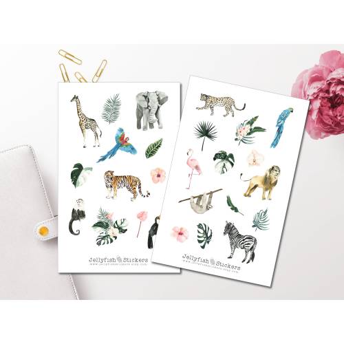 Sommer Dschungel Tiere Sticker Set | Journal Sticker | Planer Sticker | Sticker Urlaub, Reisen, Löwe, Elefant, Afrika, W