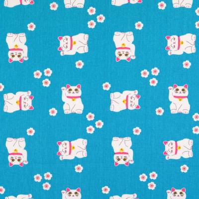  Baumwolle  winkende Katze türkis (1m /8,00€)