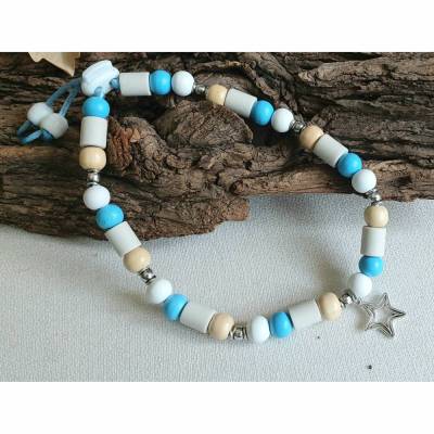 EM Keramik Halsband mit Holzperlen Natur Weiß Blau