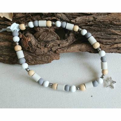 EM Keramik Halsband mit Holzperlen Natur Weiß Grau