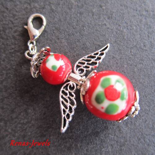 Schutzengelanhänger mit roten Keramik Perlen, Blumen, Engel Talisman, Glücksbringer, Geschenk