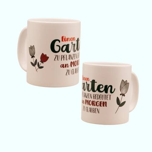 dekorativ gestaltete Garten-Tasse für alle Garten-Liebhaber, weiße Keramiktasse mit einem kreativen Spruch
