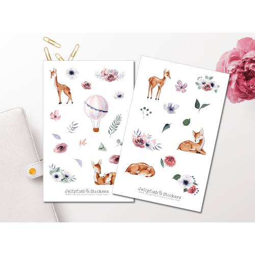 Baby Rehe Sticker Set | Niedliche Aufkleber | Journal Sticker | Sticker Wald | Planer Sticker | Sticker Heißluftballon |