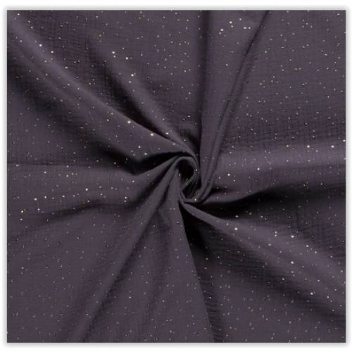 Musselin anthrazit mit gold, Double Gauze Windelstoff dunkelgrau mit goldenen Punkten, Stoff Meterware