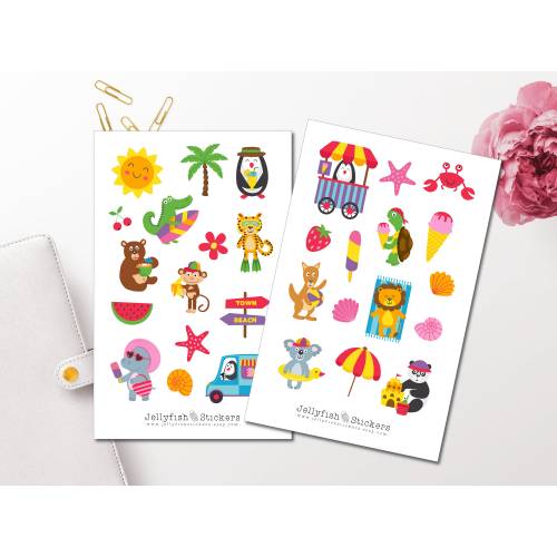 Strand Tiere Sticker Set | Süße Aufkleber | Journal Sticker | Tiere Sticker | Planer Sticker | Sticker für Kinder, Urlau