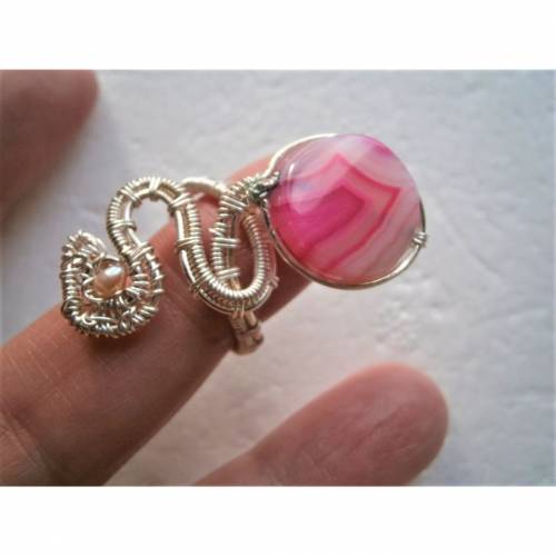 Ring pink handgewebt mit Achat und Keshiperle rosa im Spiralring verstellbar wirework boho