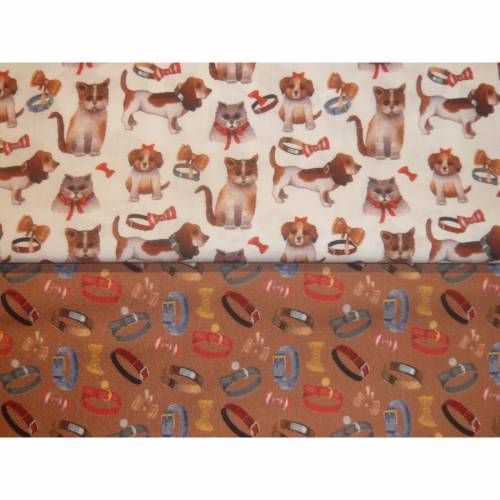2 x 0,5m Stoffpaket, Hund, Katze, Pfötchen Halsbänder, creme -braun - bunt
