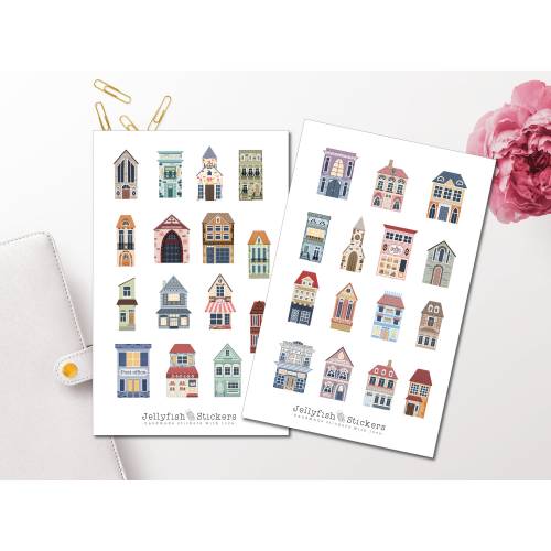 Gebäude Sticker Set - Journal Sticker, Planer Sticker, Aufkleber Bulletjournal, Sticker Haus, Kirche, Geschäft, Laden, S