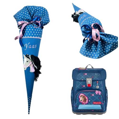 Schultüte Pferd blau; passend zu Step by Step Ranzen Horse Lima, Stoff-Schultüte für Mädchen