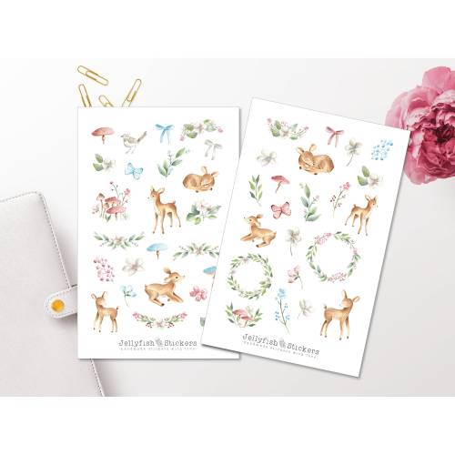 Baby Rehe Sticker Set - Journal Sticker, Planer Sticker, niedlich, süß, Sticker für Kinder, Baby, Kind, Blumen, Floral,