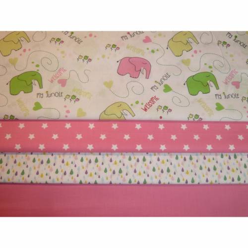 4 x 0,5m Stoffpaket Elefanten, Regentropfen, Sterne, Uni rosa