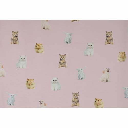 rosa Jersey mit Tieren Katze Hund Hamster Kaninchen 50 cm x 155 cm little Pets