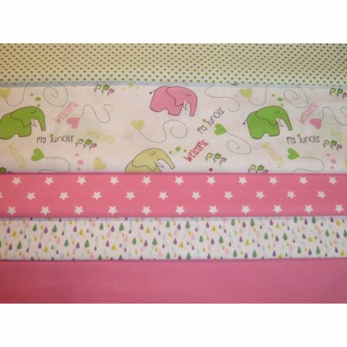 5 x 0,5m Stoffpaket Elefanten, Regentropfen, Sterne, Herzchen, Uni rosa