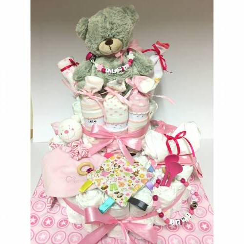 Windeltorte  Deluxe XL rosa   personalisiert mi Name Bär Teddy