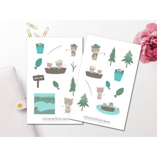 Bär Angeln Sticker Set | Niedliche Aufkleber | Journal Sticker | Planersticker | Sticker Tiere, Fische, See, Teich, Wald