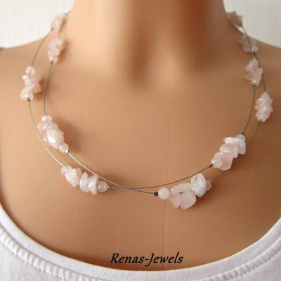 Edelsteinkette kurz zweireihig Rosenquarz Perlen Edelstein Kette Perlenkette Rosenquarzkette rosa silberfarben