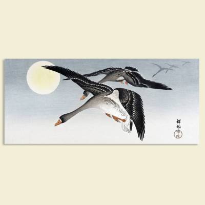 Flug der Gänse bei Vollmond ca. 1900 - Japanische Kunst - Leinwandbild Panorama Format - Vintage Bilder Holzschnitt