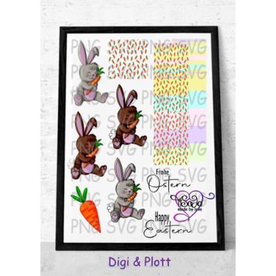 TiSaJa - Set Plotterdatei und Digistamp "Kleiner Hase mit Karotte" SVG DXF PNG Digipapier Sayings Frühling Ostern