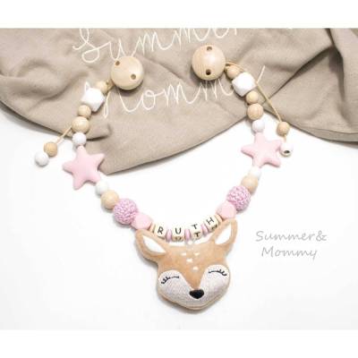Kinderwagenkette Reh Silikon Holz mit Namen Name Silikonsterne Wagenkette Mädchen