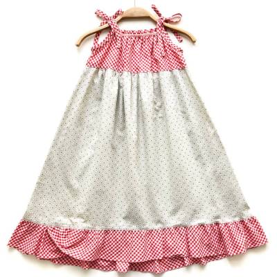  Einschulungskleid, 116 / 122,  beige geblümt + rot weiß kariert, Sommerkleid 