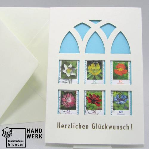 Klappkarte mit Umschlag Herzlichen Glückwunsch, Briefmarke Blüten Buschwindröschen, upcycling