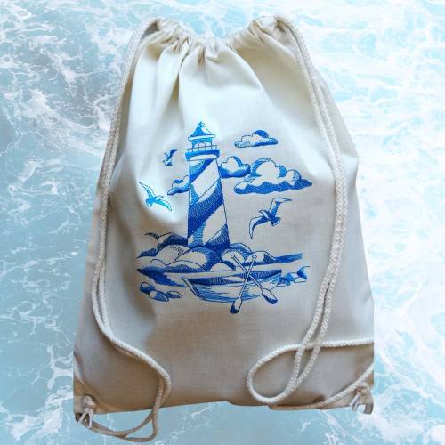 Sommer- Baumwoll-Rucksack mit einem Leuchtturm bestickt, Baumwolle, Größe ca.38 x 40 cm