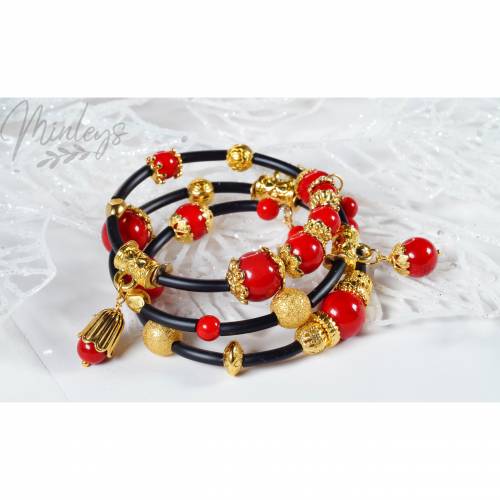 Memory Wire Edelsteinarmband für Damen, rot schwarz golden Korall Achat